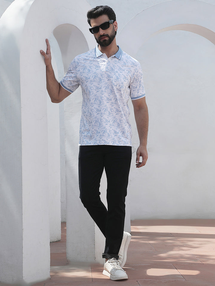 Blue Floral Print Polo Neck T-Shirt