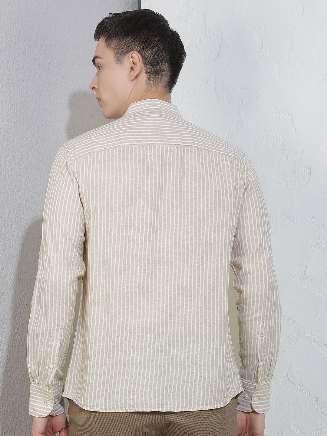 Beige Vertical Stripes Mandarin Neck Linen Shirt
