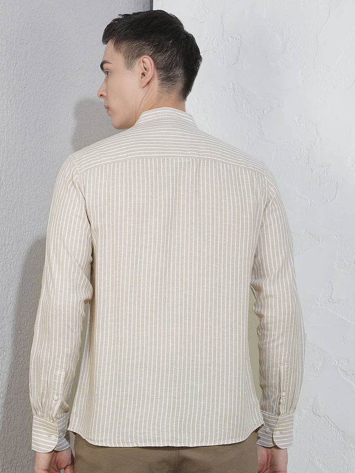 Beige Vertical Stripes Mandarin Neck Linen Shirt
