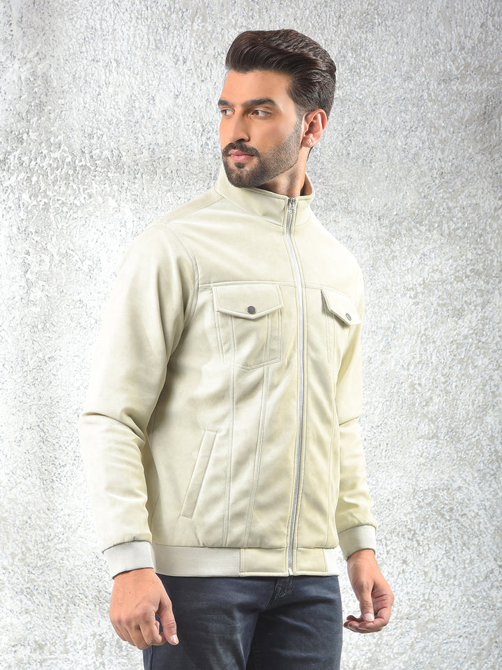 Cream Knit-Panel Casual Jacket