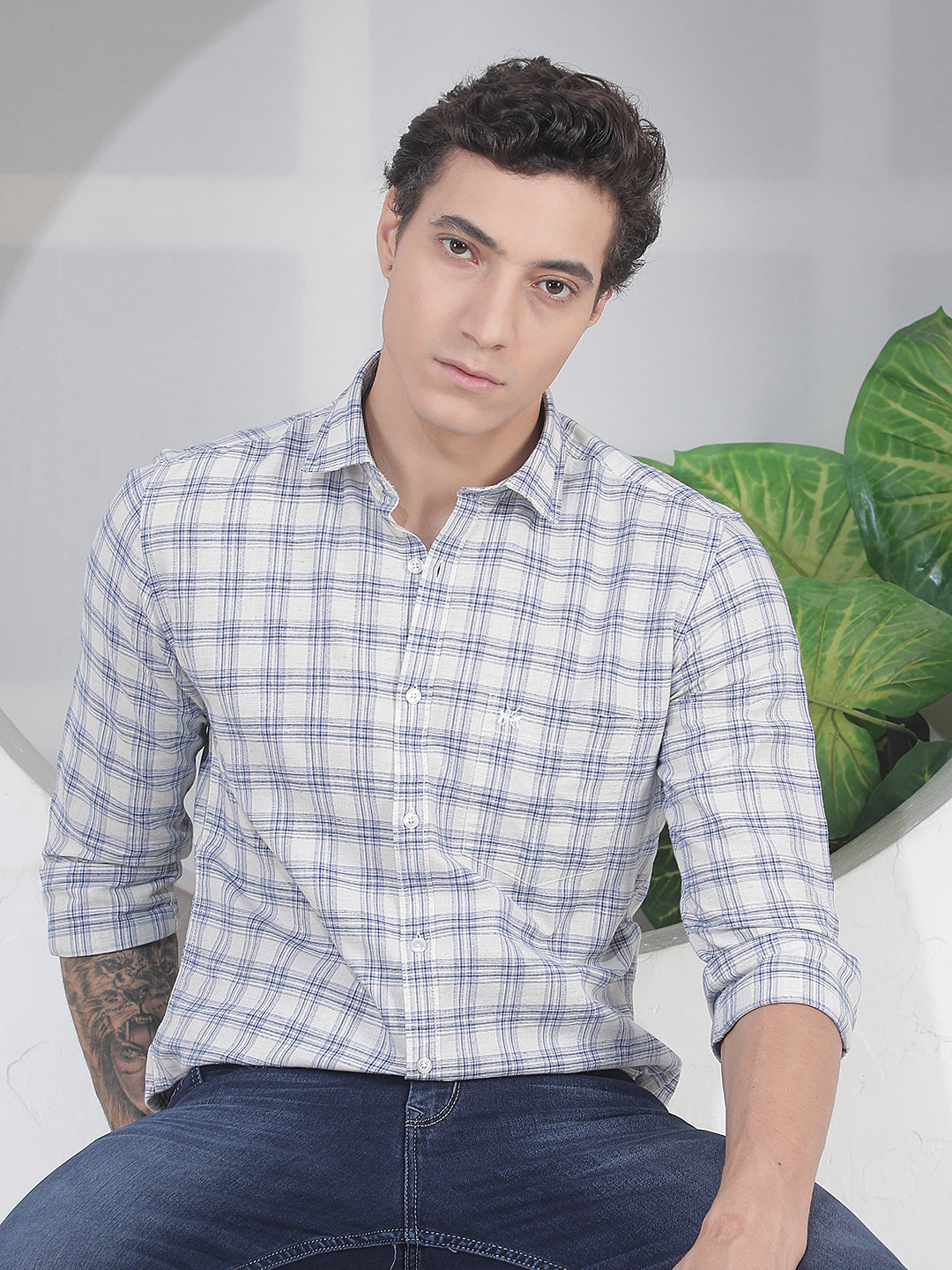Teal Blue Checked Linen Shirt