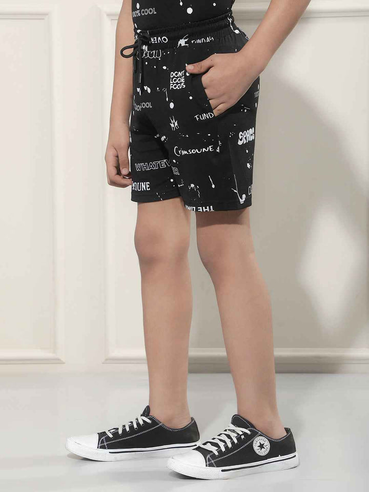 Black Typographic Print Shorts