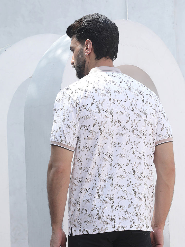 Beige Printed Polo Neck T-Shirt