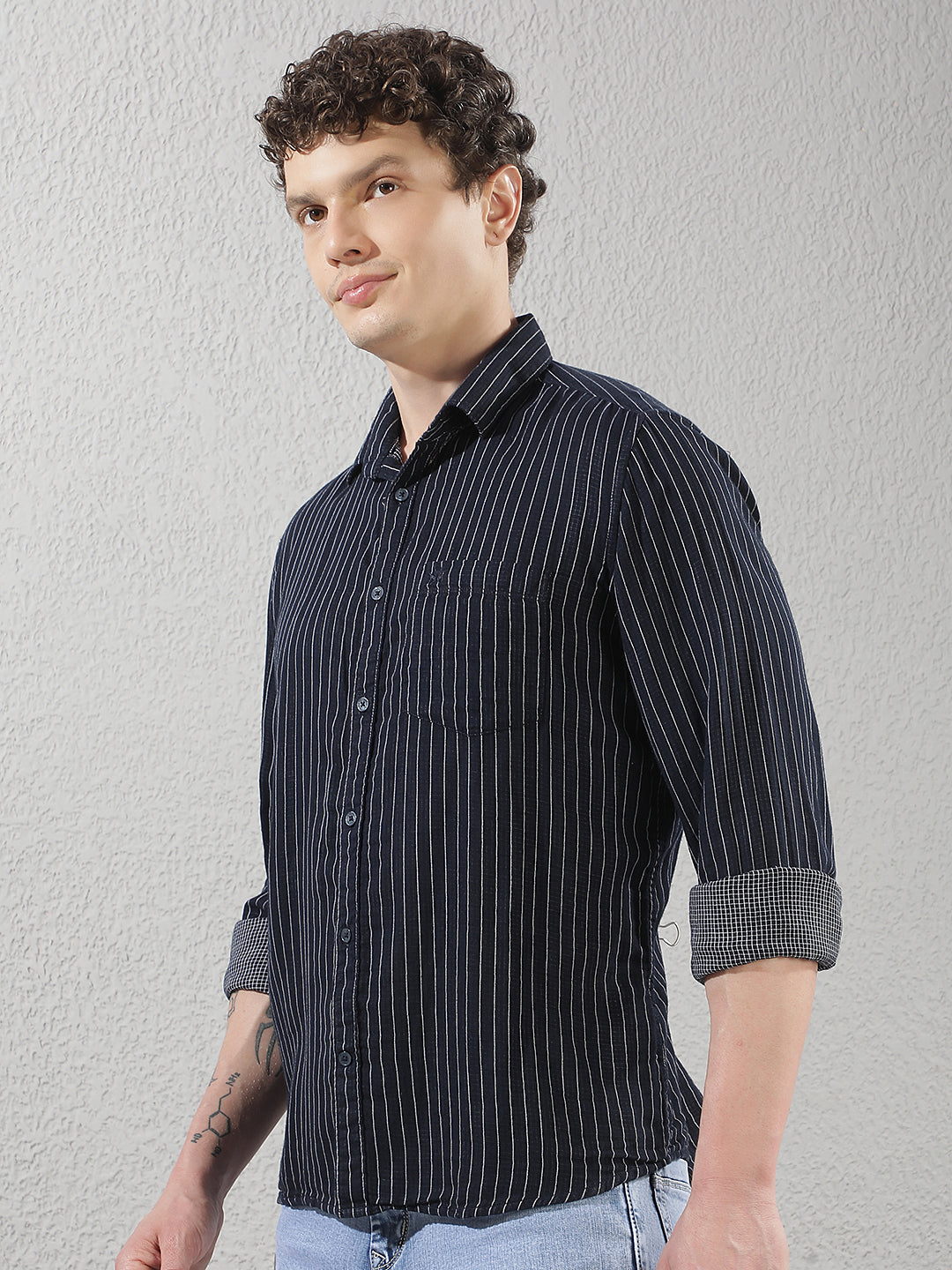 Navy Blue 100% Cotton Verical Stripes Shirt