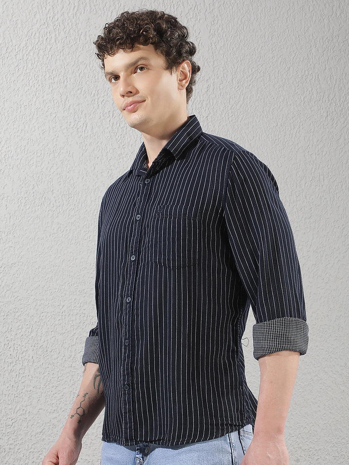 Navy Blue 100% Cotton Verical Stripes Shirt