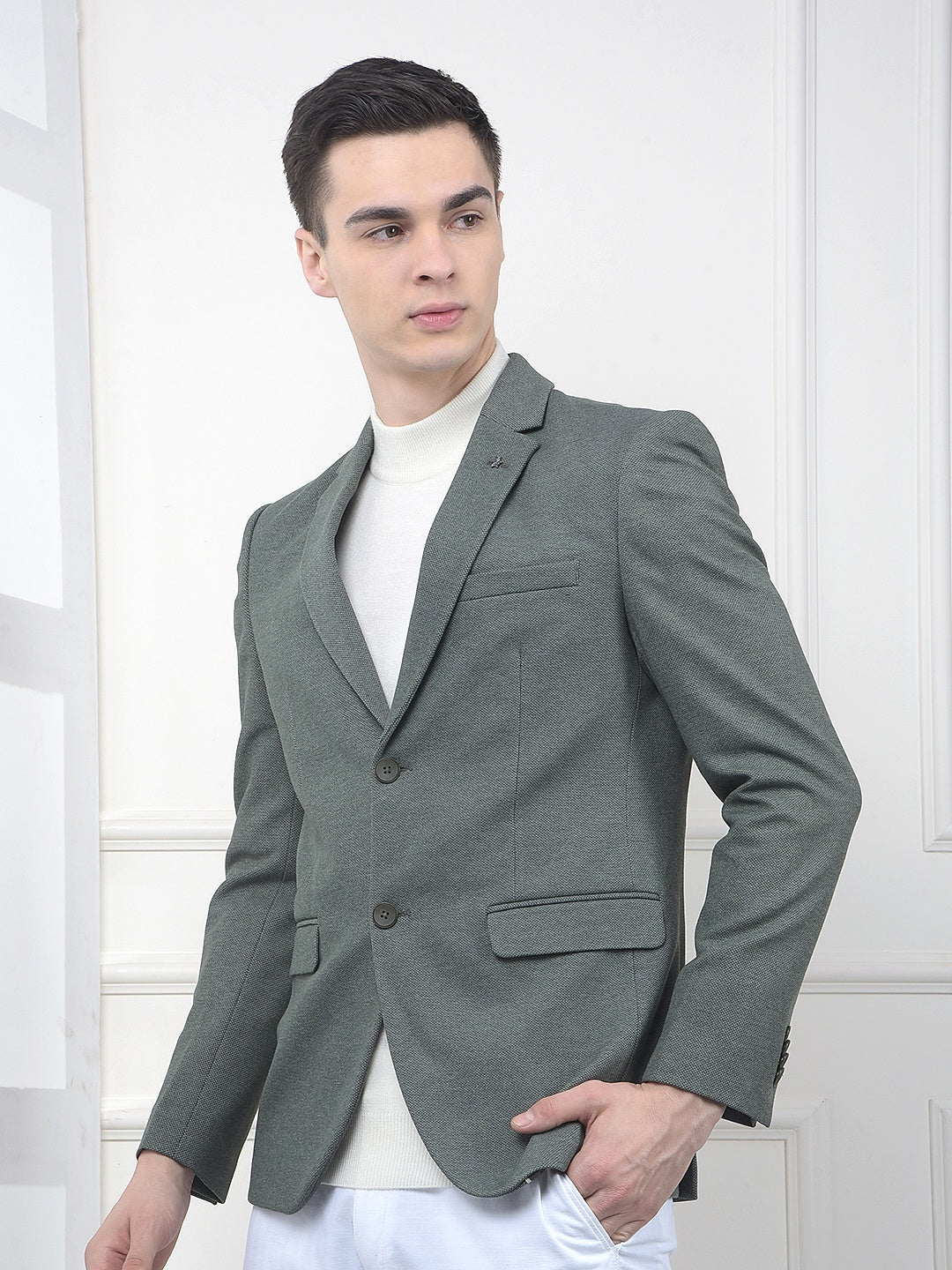 Green Notched Lapel Single Breasted Blazer