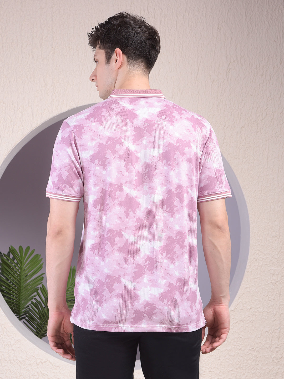 Pink Printed Polo-Neck T-Shirt