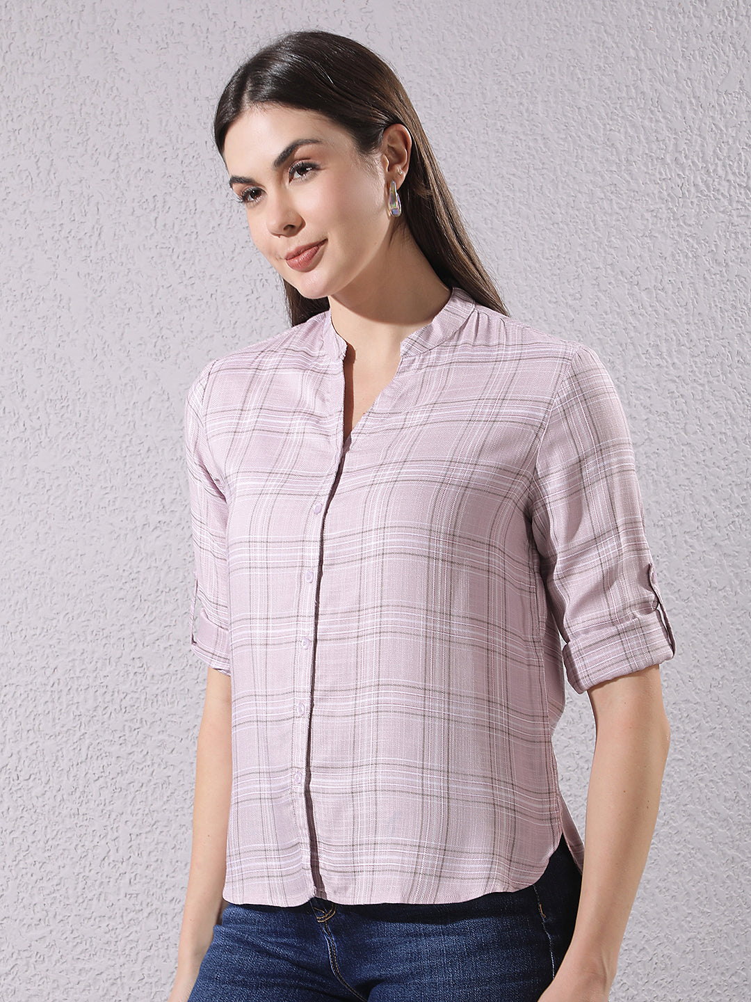 Purple Checked V-Neck Shirt