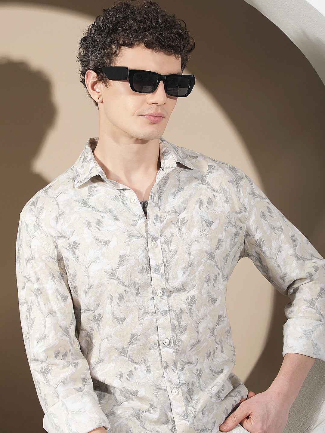 Beige Floral Print Linen Shirt