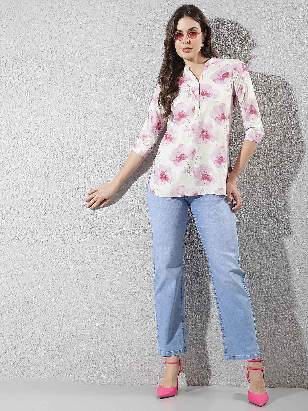 Linen Pink Floral Printed V-Neck Top