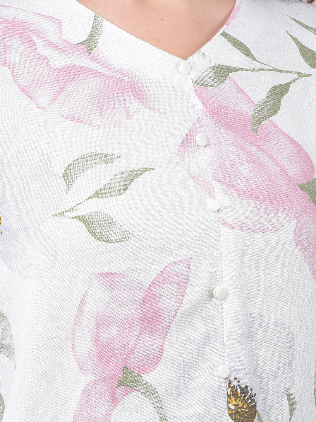 Printed Linen V-Neck Green Shirt