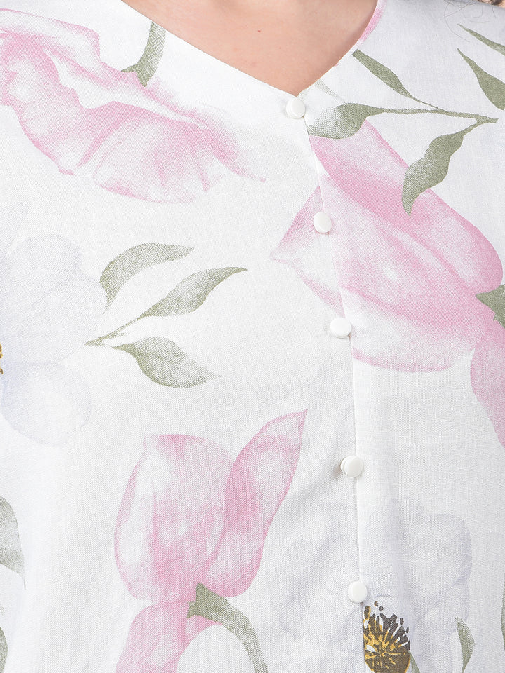 Printed Linen V-Neck Green Shirt