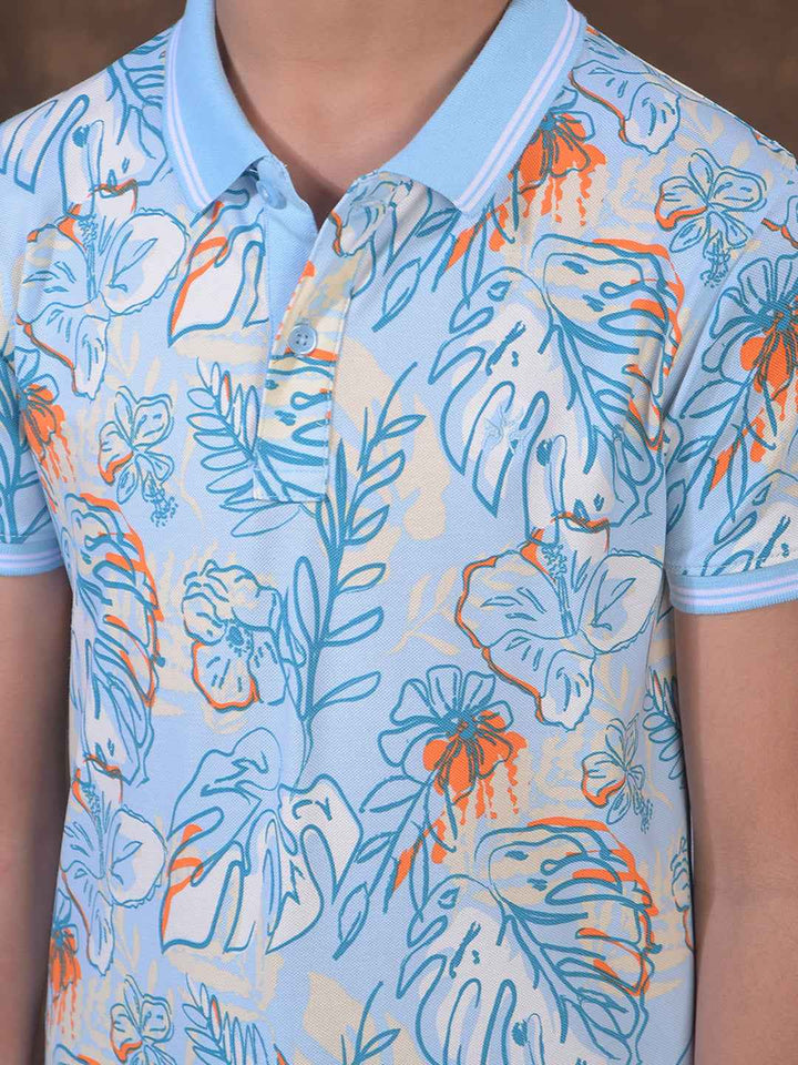 Blue Floral Print Polo Neck T-Shirt