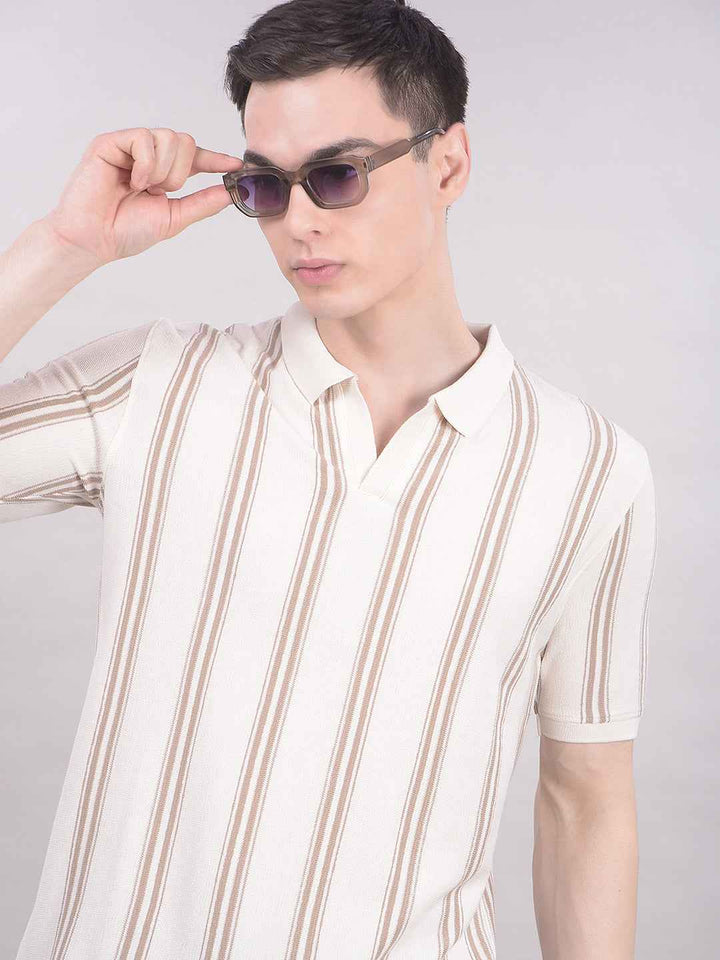 Cream Vertical Stripes T-Shirt