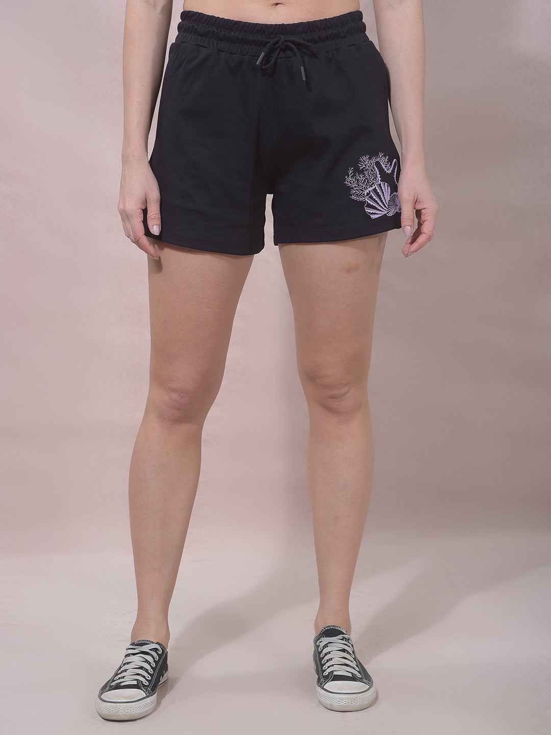 Black Embellished Mid-Thigh Length Shorts