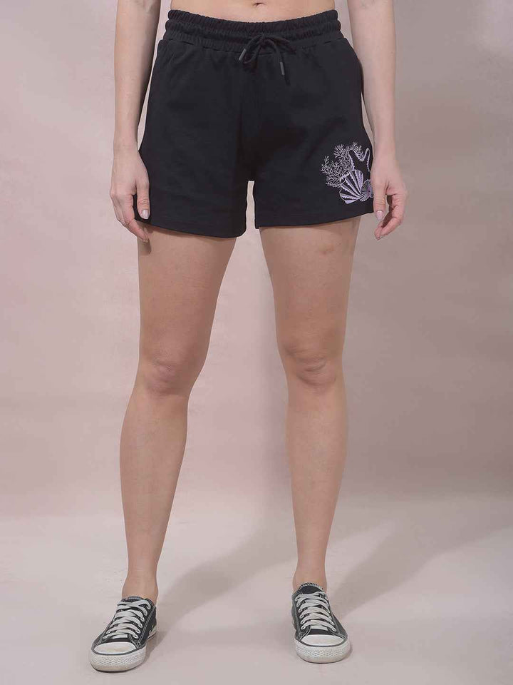 Black Embellished Mid-Thigh Length Shorts