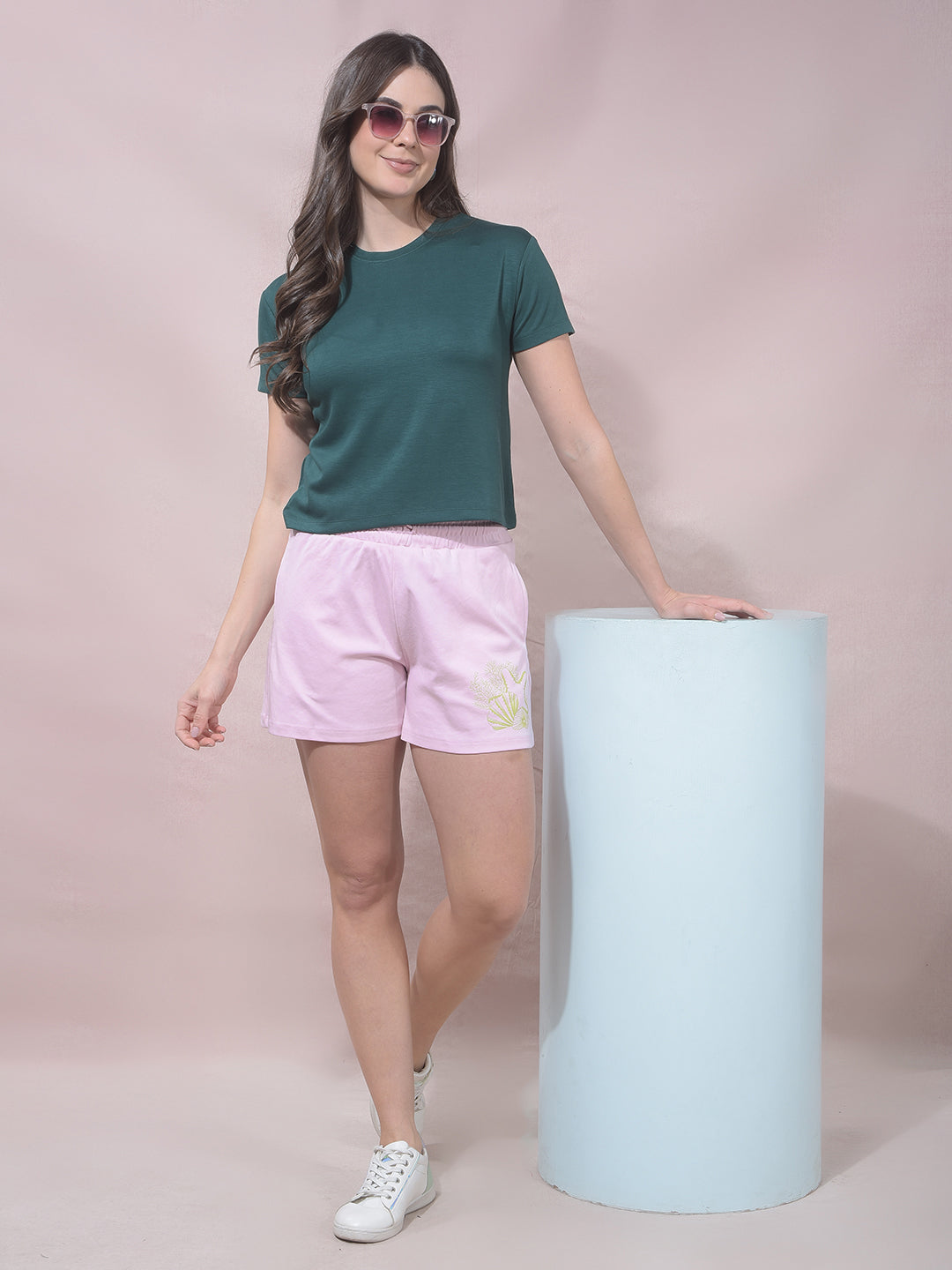 Pink Embellished Mid-Thigh Length Shorts