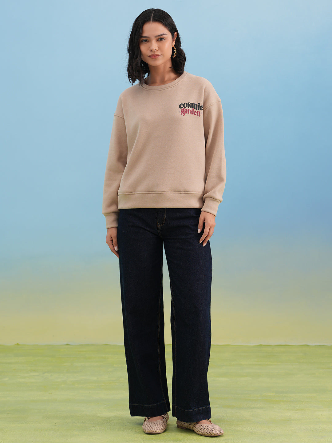 Beige Typographic Print Sweatshirt