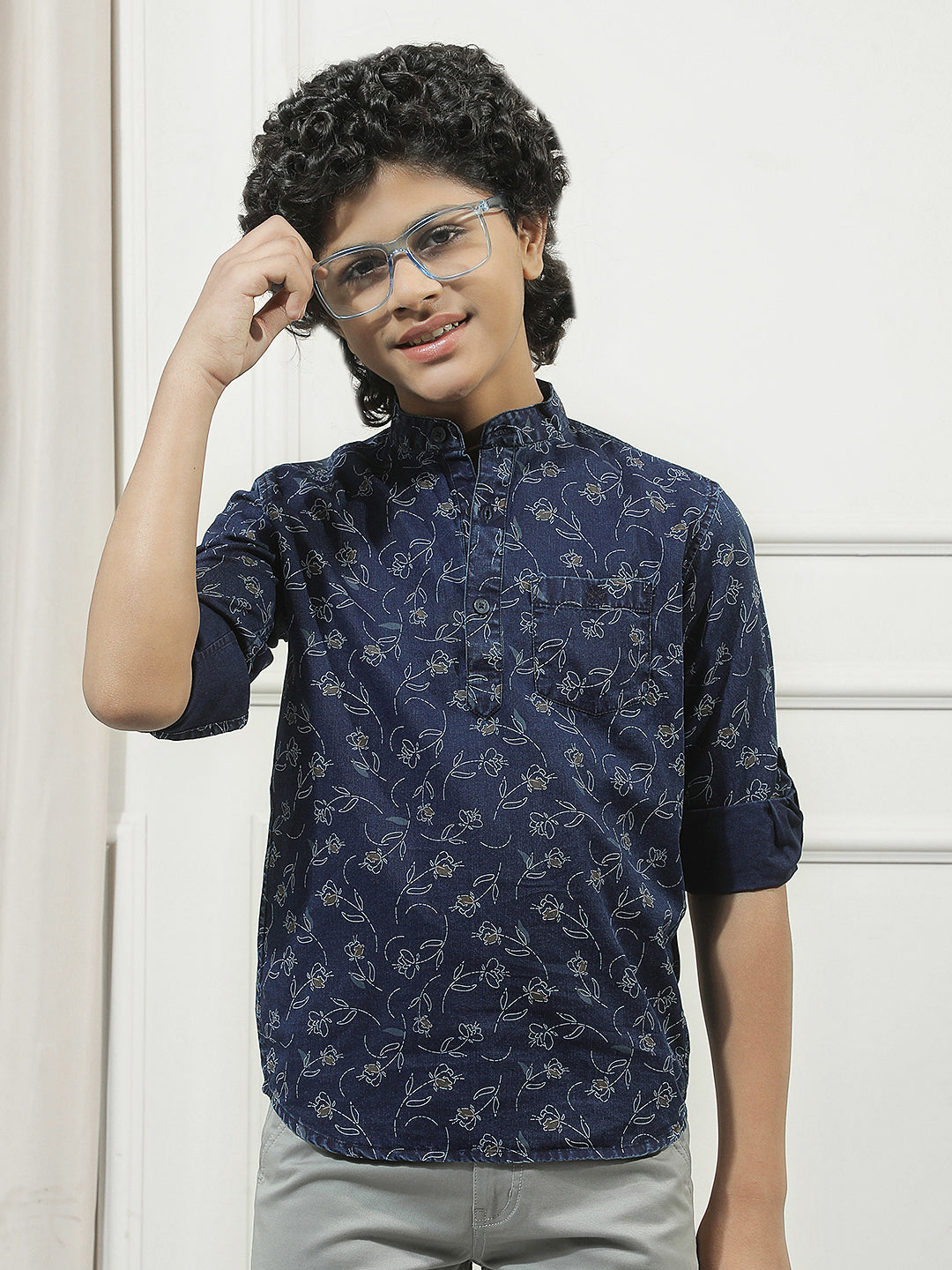 Navy Blue 100% Cotton Graphic Print Mandarin Neck Kurta
