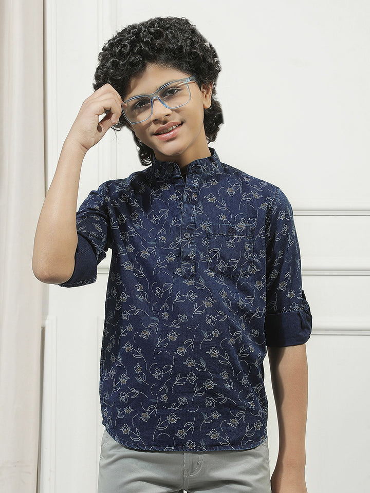 Navy Blue 100% Cotton Graphic Print Mandarin Neck Kurta
