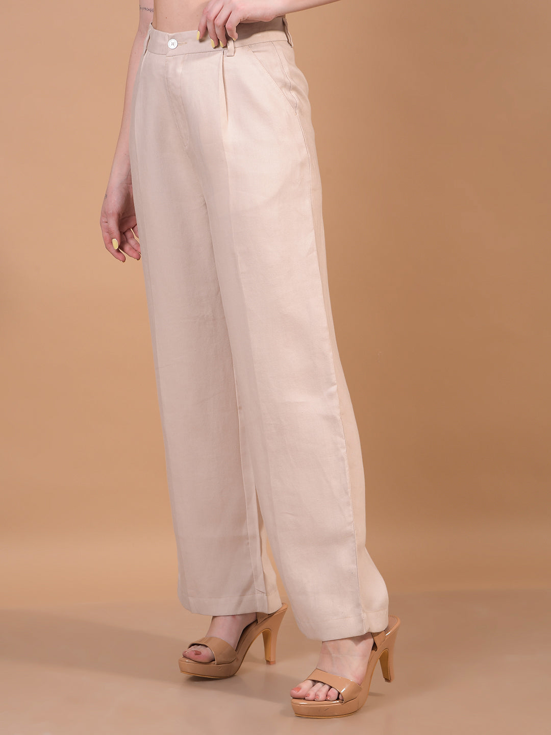Beige Wide Leg Trousers