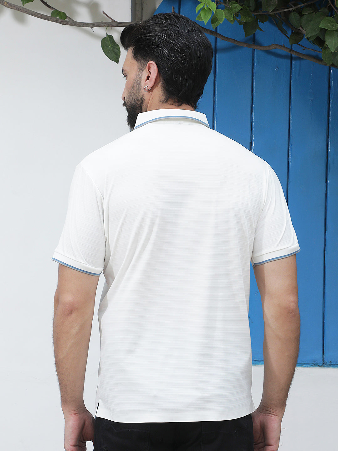 White Horizontal Stripes Polo Neck T-Shirt
