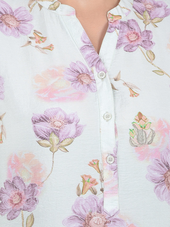 Purple Floral Print V-Neck Top