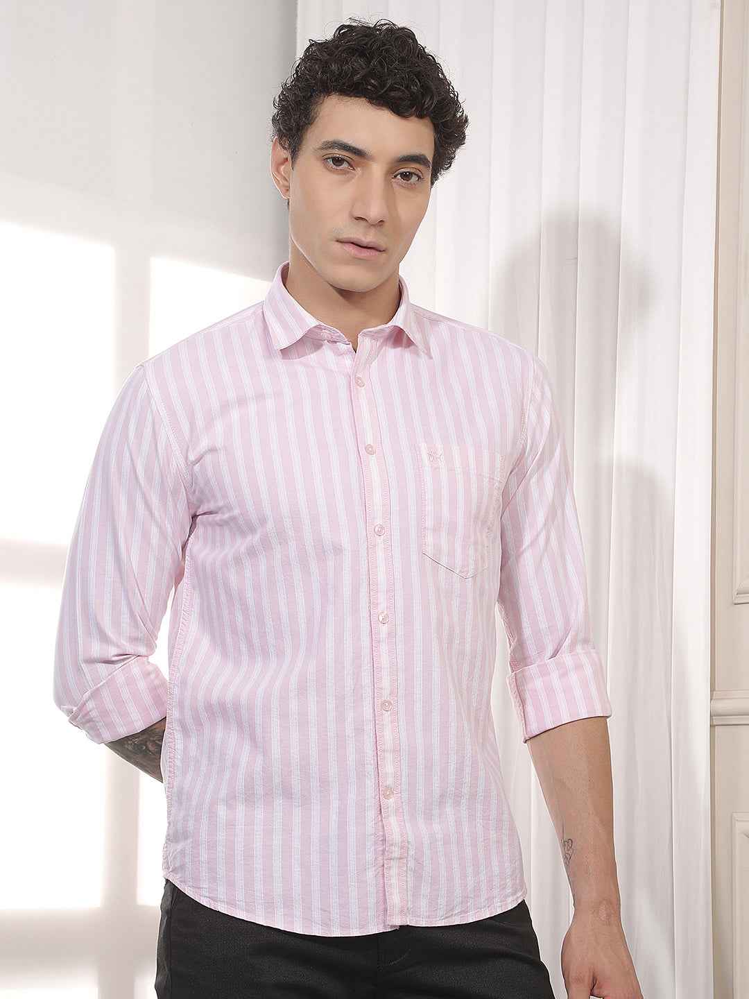 Pink Vertical Striped 100% Cotton Shirt