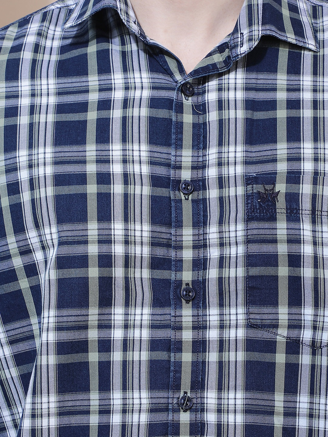 Navy Blue 100% Cotton Checked Shirt