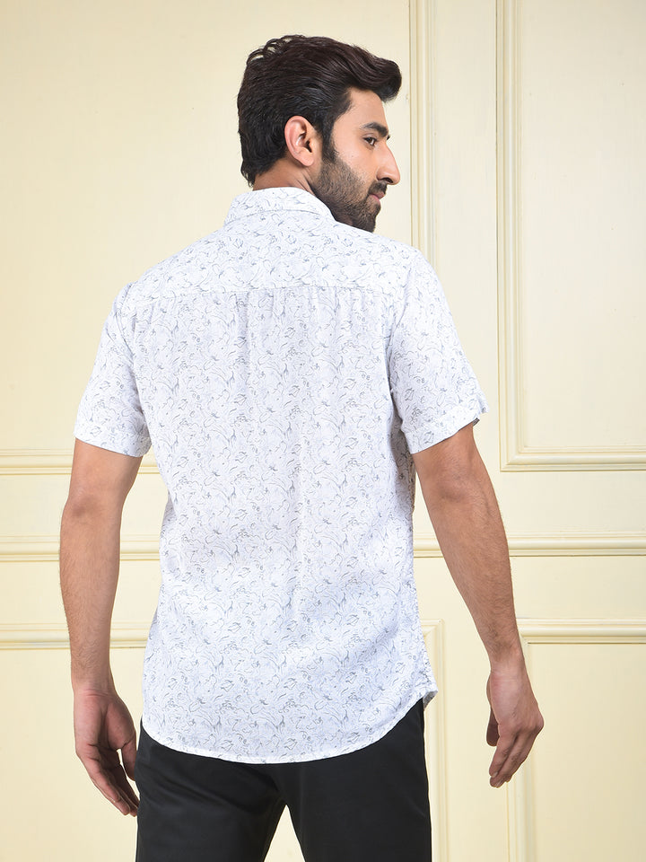 White Floral Print Linen Shirt