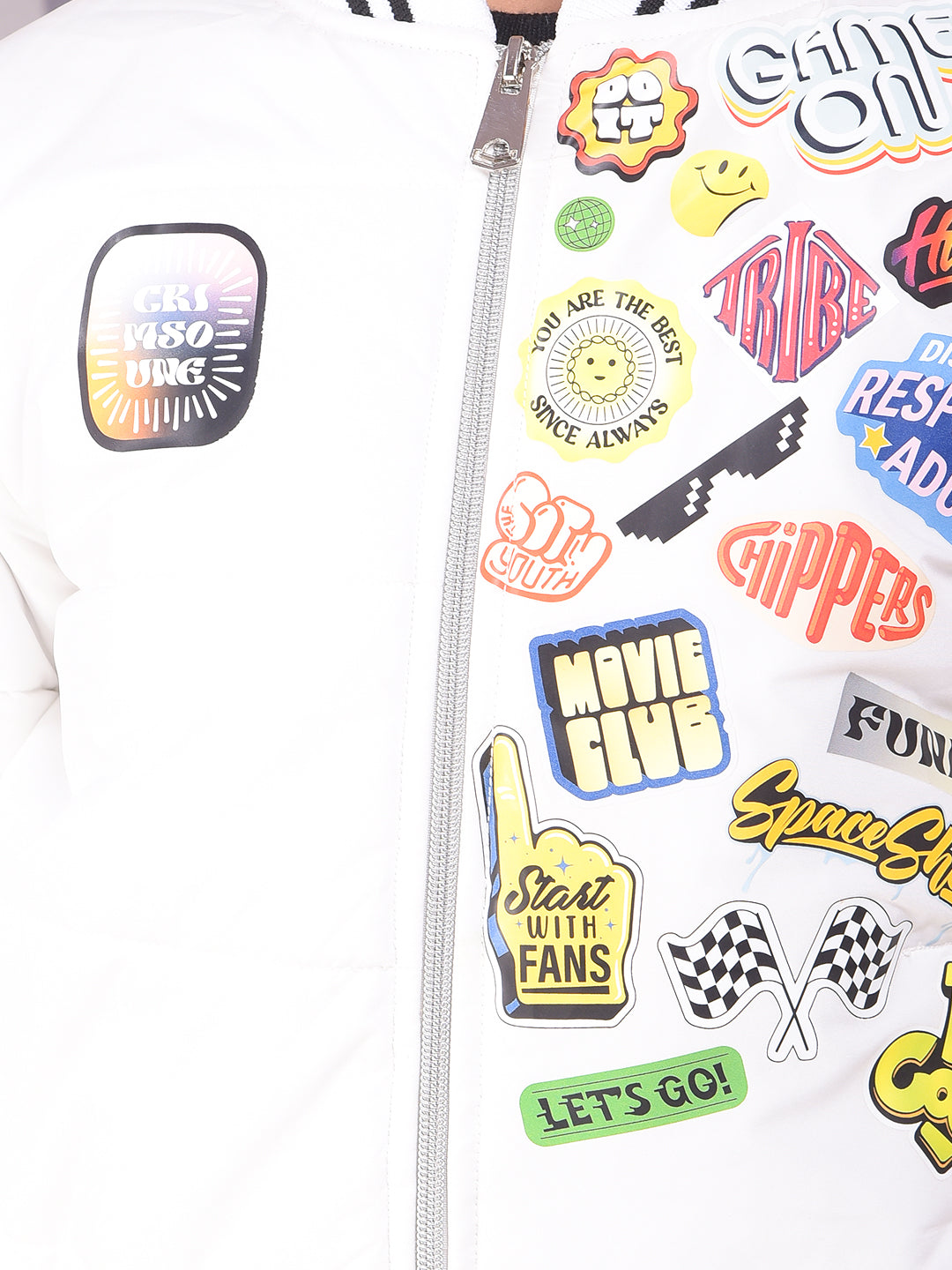 White Typographic Print Puffer Jacket