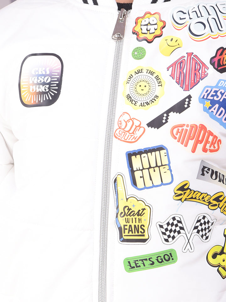 White Typographic Print Puffer Jacket