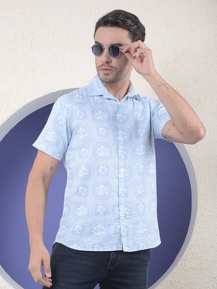 Blue Floral Printed 100% Cotton Shirt