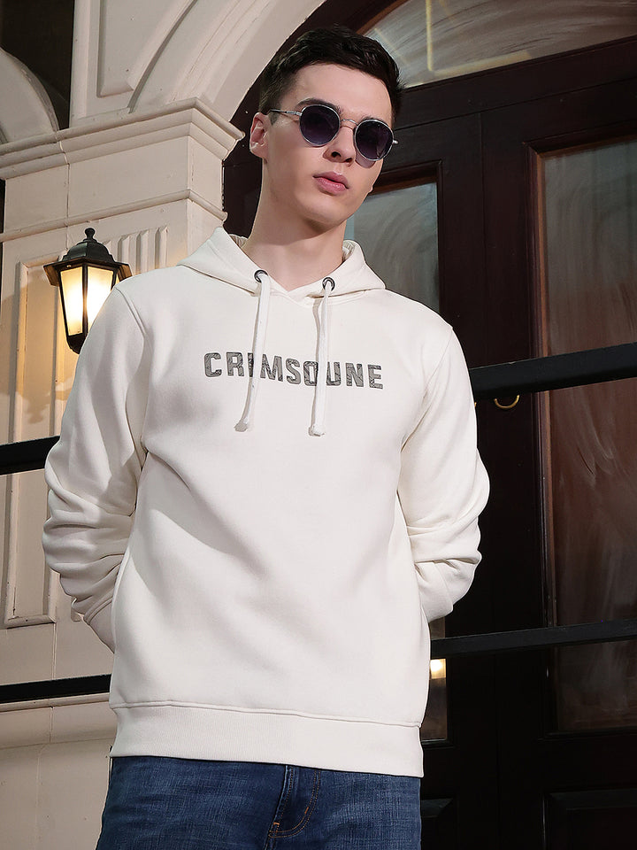 Off White Typographic Print Hooded Neck Sweatshirt