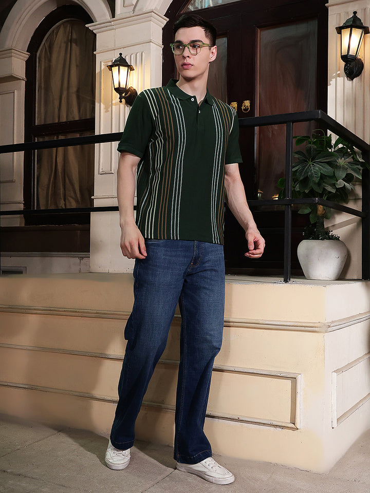 Olive Vertical Stripes Polo Neck T-Shirt