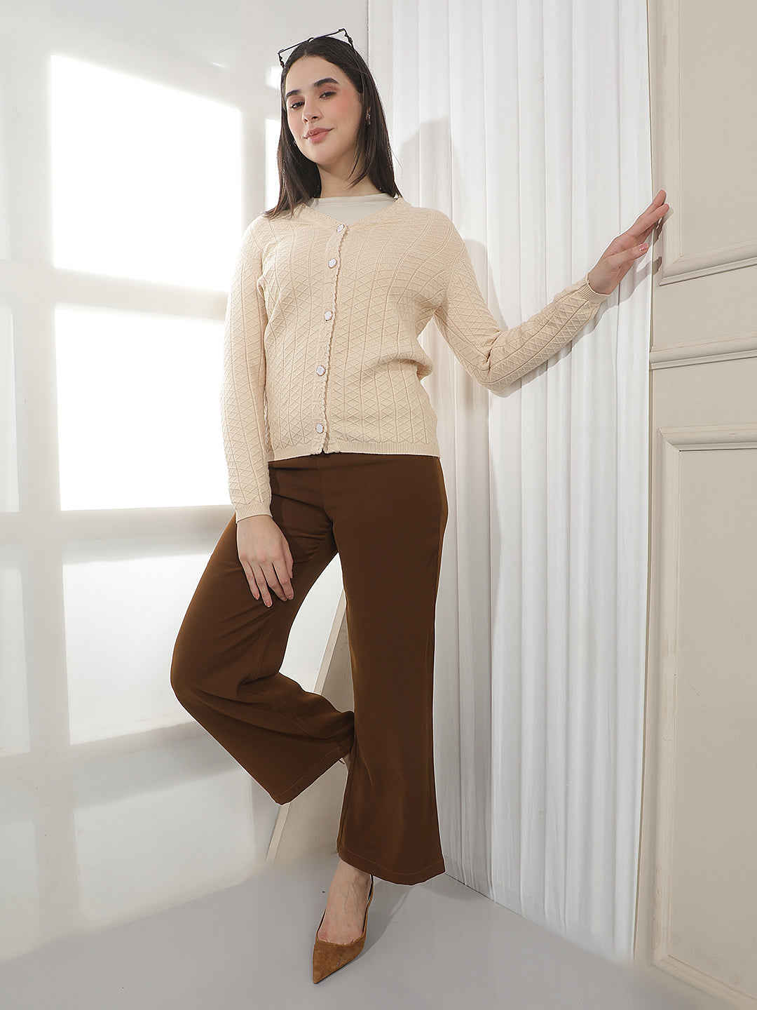 Beige Jacquard V-neck Cardigan