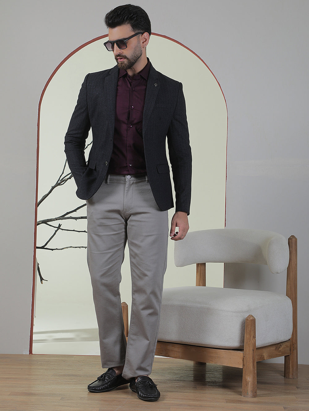 Grey Vertical Stripes Single Breasted Notch Lapel Blazer