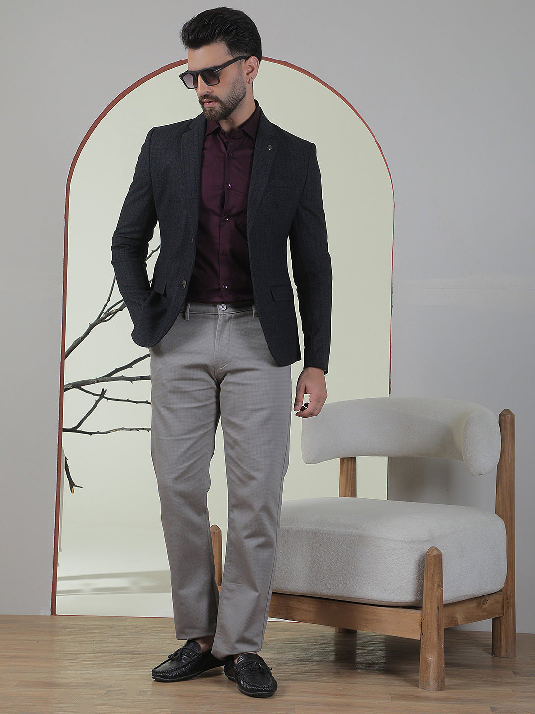 Grey Vertical Stripes Single Breasted Notch Lapel Blazer