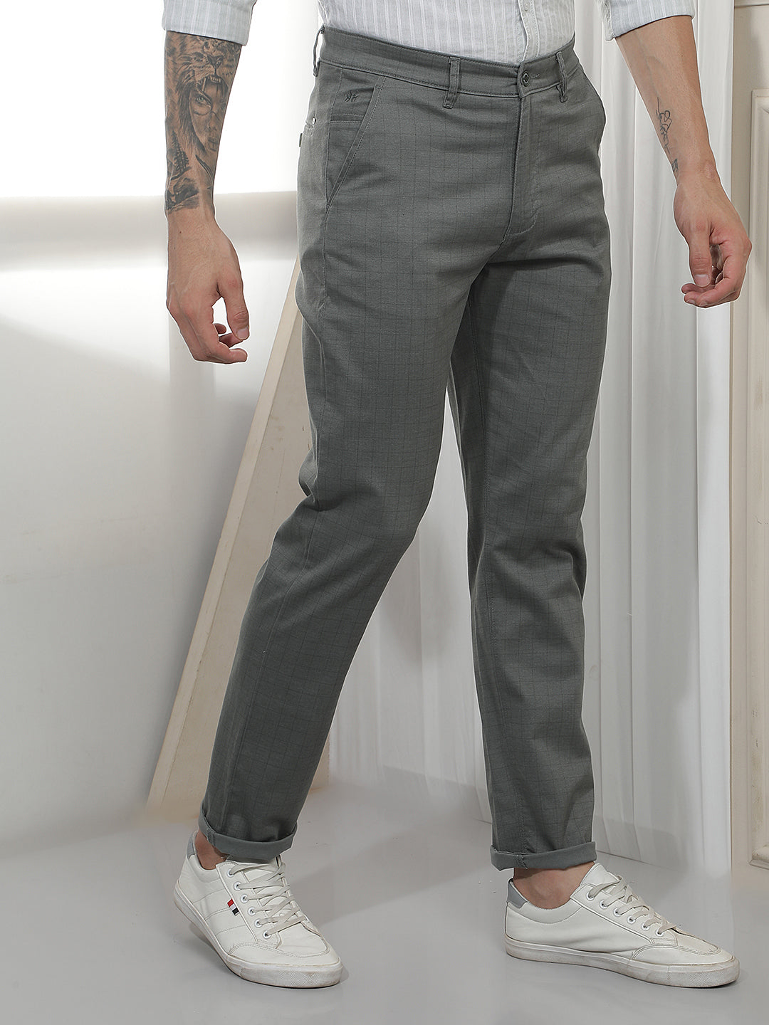Modern Olive Checked Casual Trousers