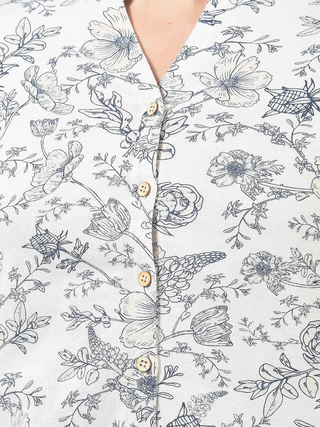 White Floral Print V-Neck Linen Shirt