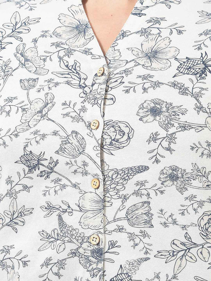 White Floral Print V-Neck Linen Shirt
