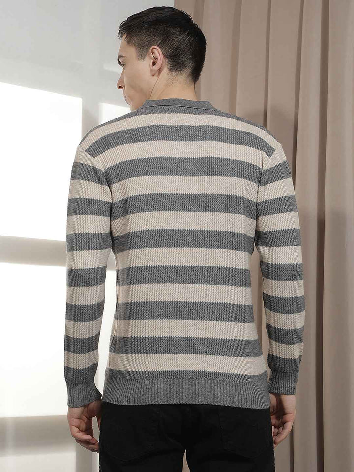 Grey Horizontal Stripes Long Sleeves T-Shirt
