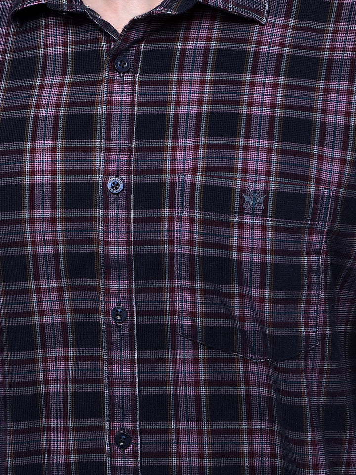 Navy Blue Checked 100% Cotton Corduroy Shirt