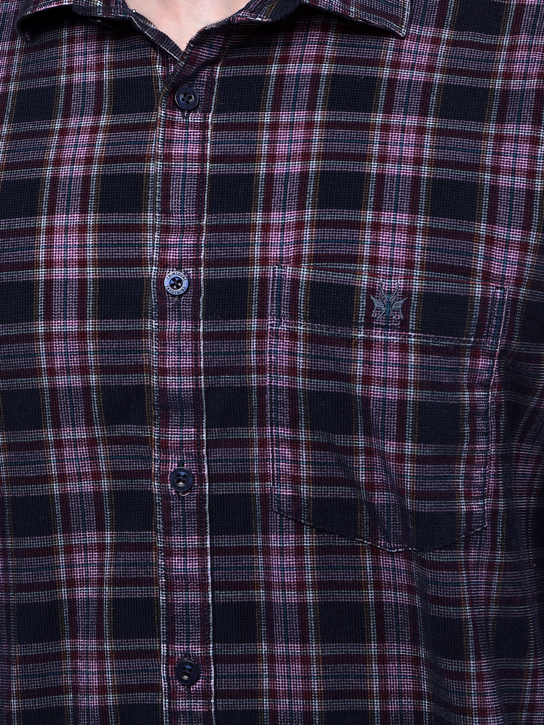 Navy Blue Checked 100% Cotton Corduroy Shirt