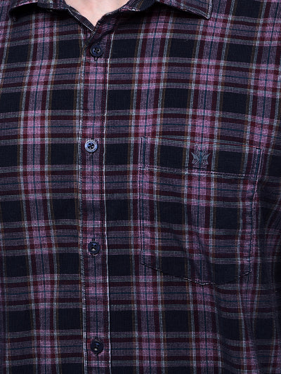 Navy Blue Checked 100% Cotton Corduroy Shirt