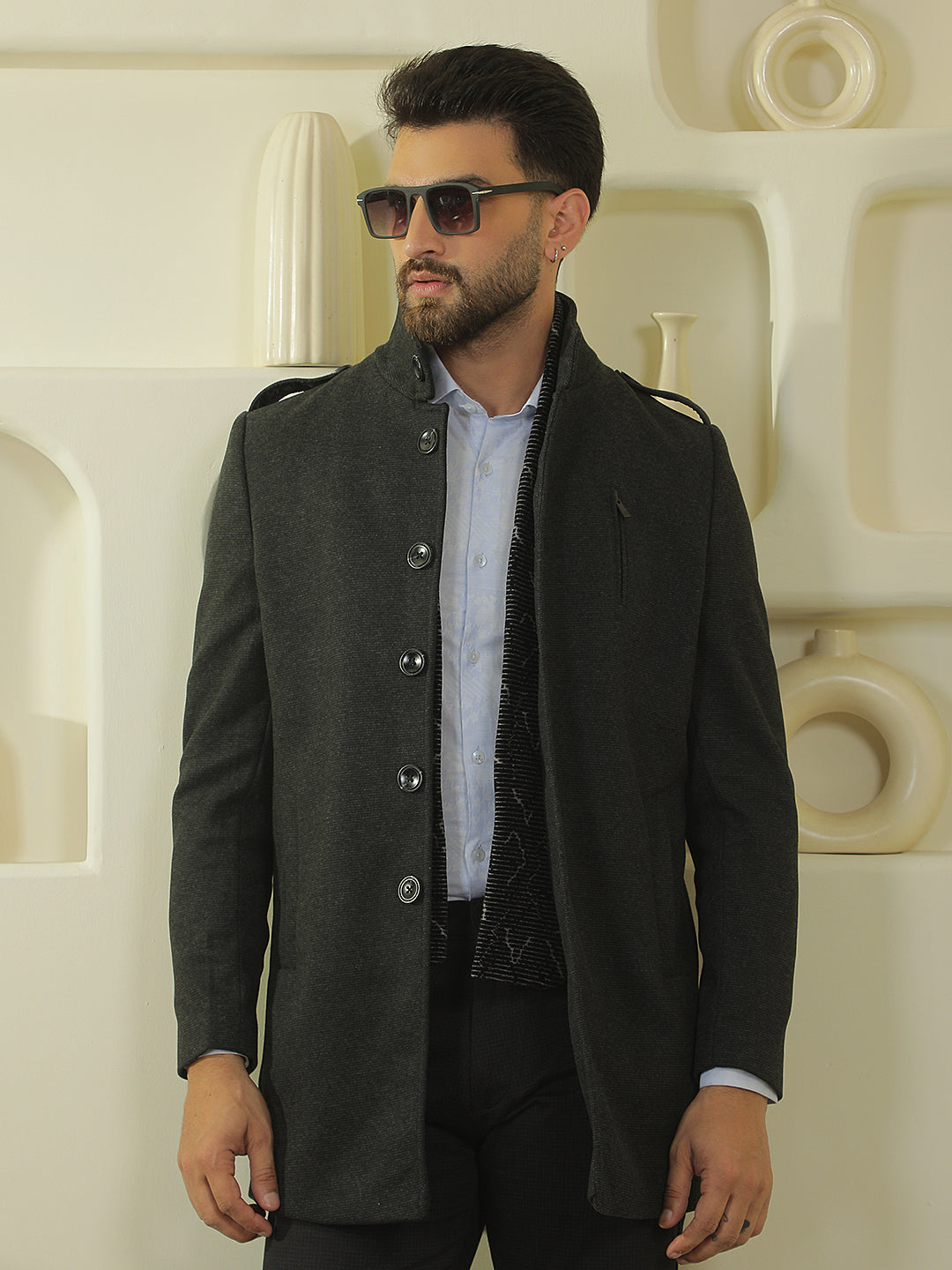 Black Longline Stand Collar Coat
