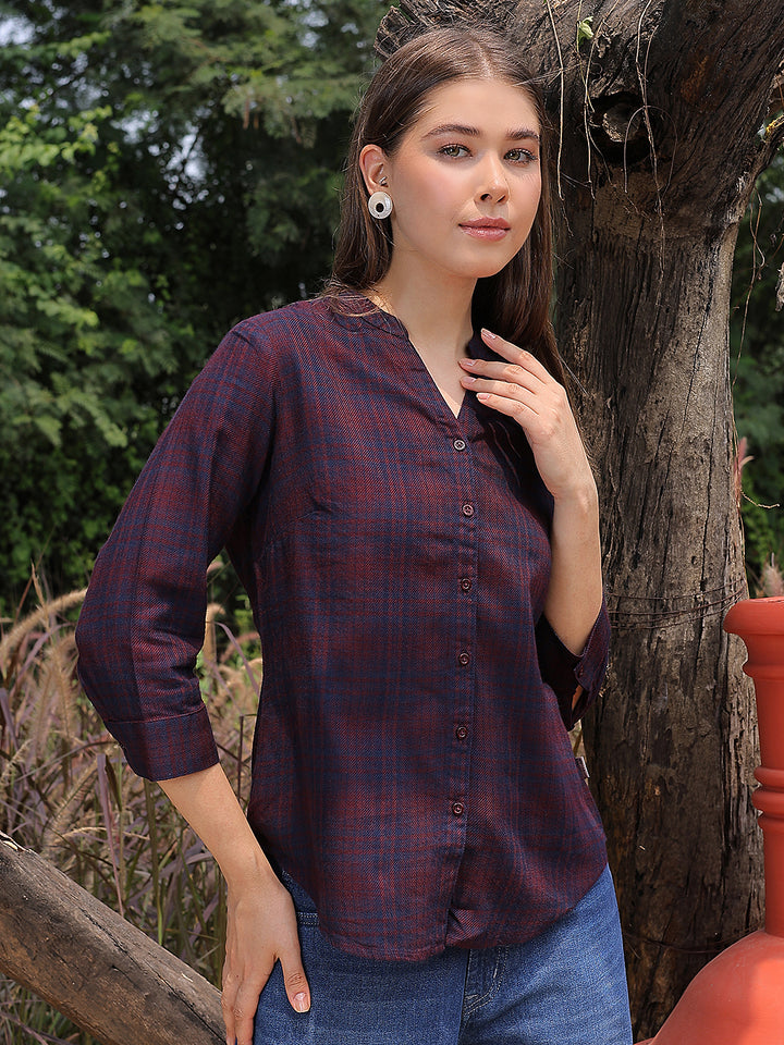 Maroon Checked V-Neck Shirt