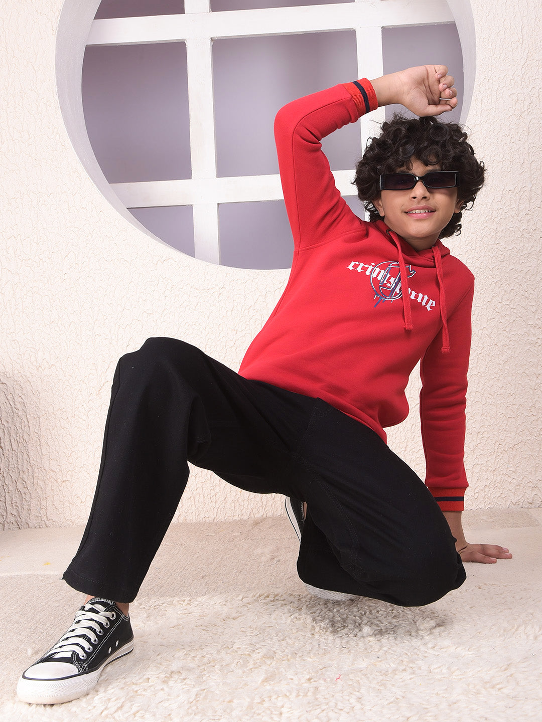 Red Typographic Print Hooded Neck Sweatshirt