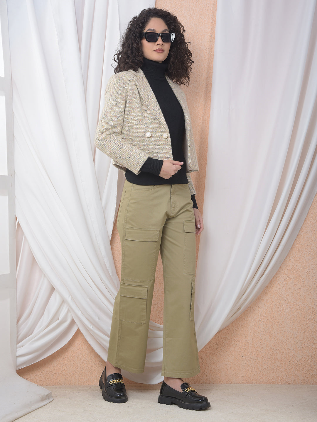 Beige Jacquard Notched Lapel Coat