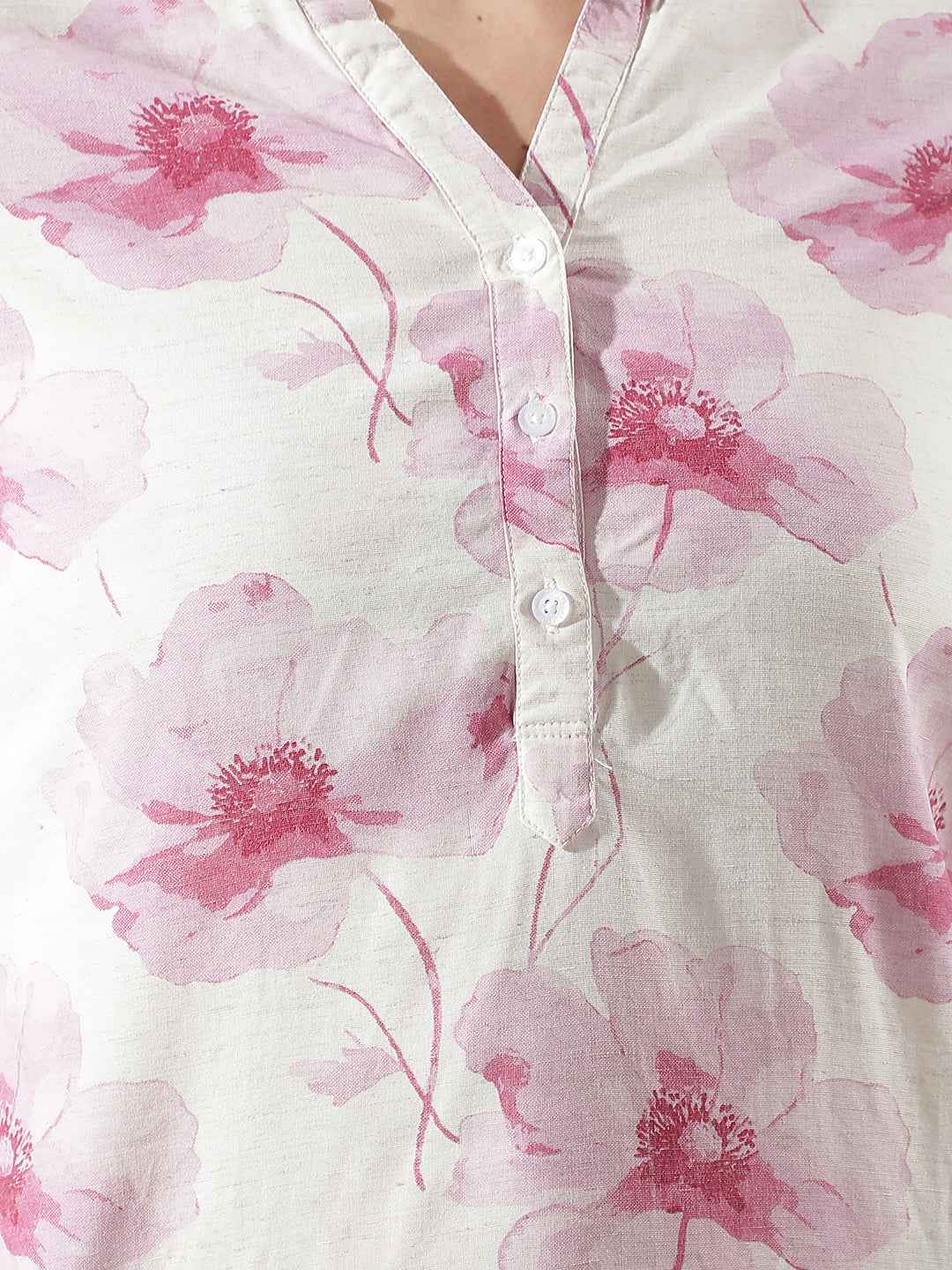 Linen Pink Floral Printed V-Neck Top